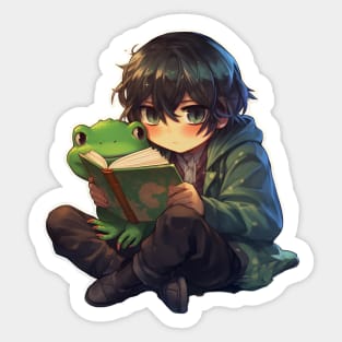 School Anime Boy With Cute Frog Sticker Sticker